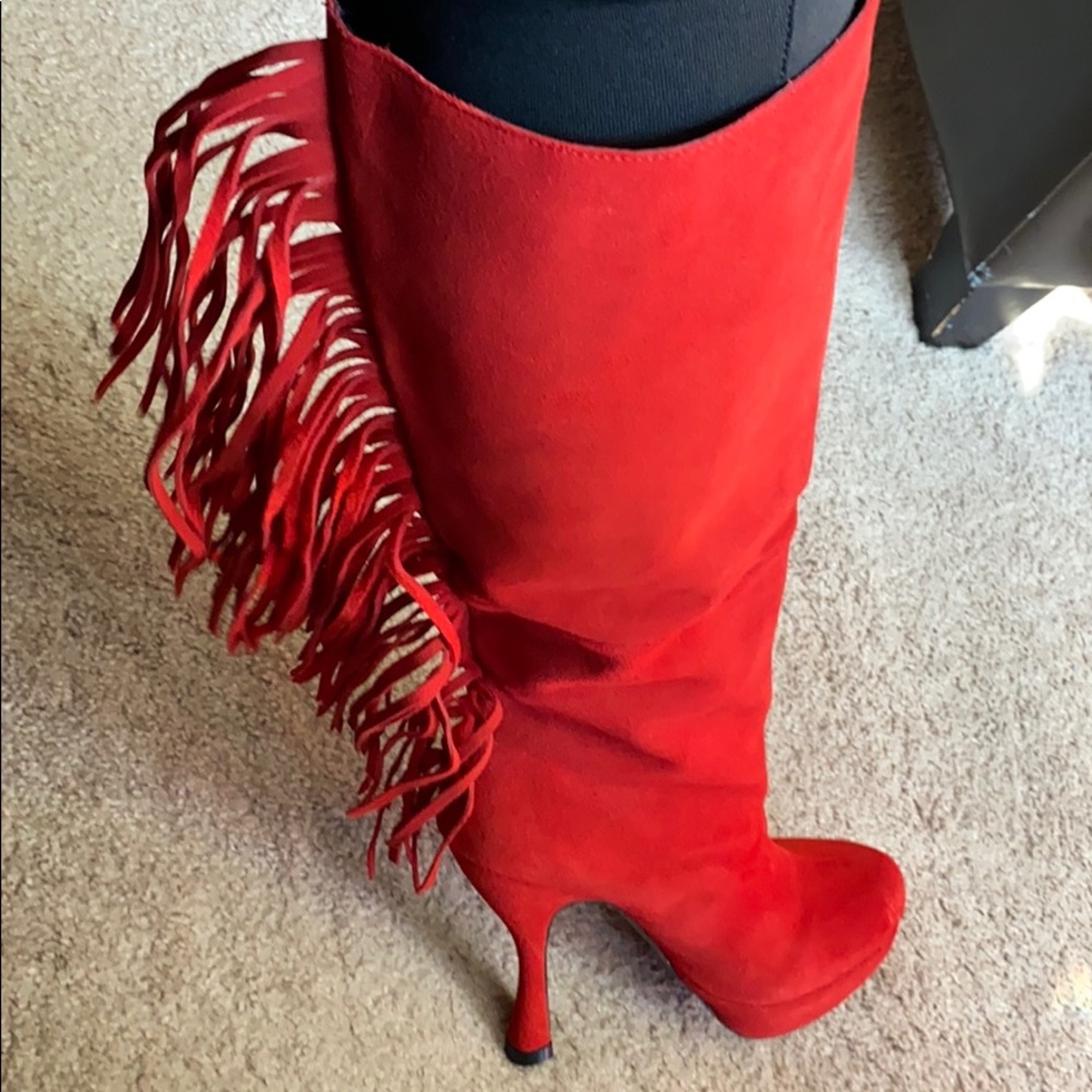 Suede red heel fringe boots